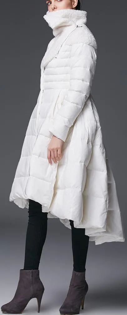 Asymmetrical Flared Puffer Coat, White