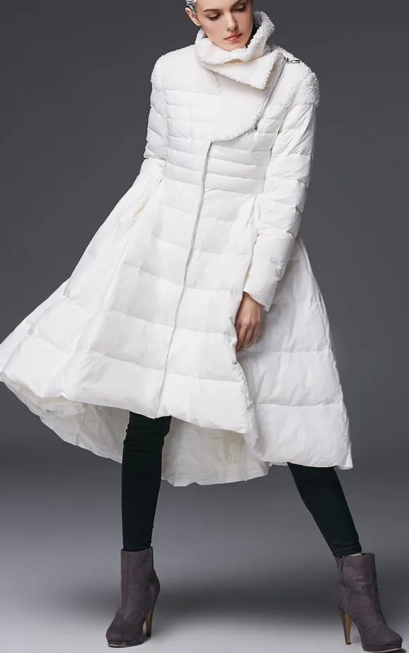 Asymmetrical Flared Puffer Coat, White
