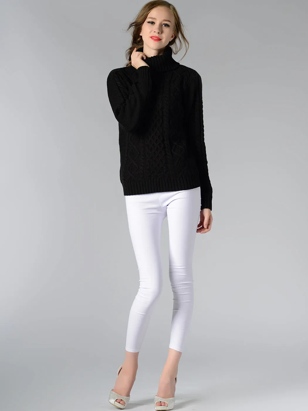 Cable Knit Turtle Neck Stretch Long Sleeve Pullover Sweater