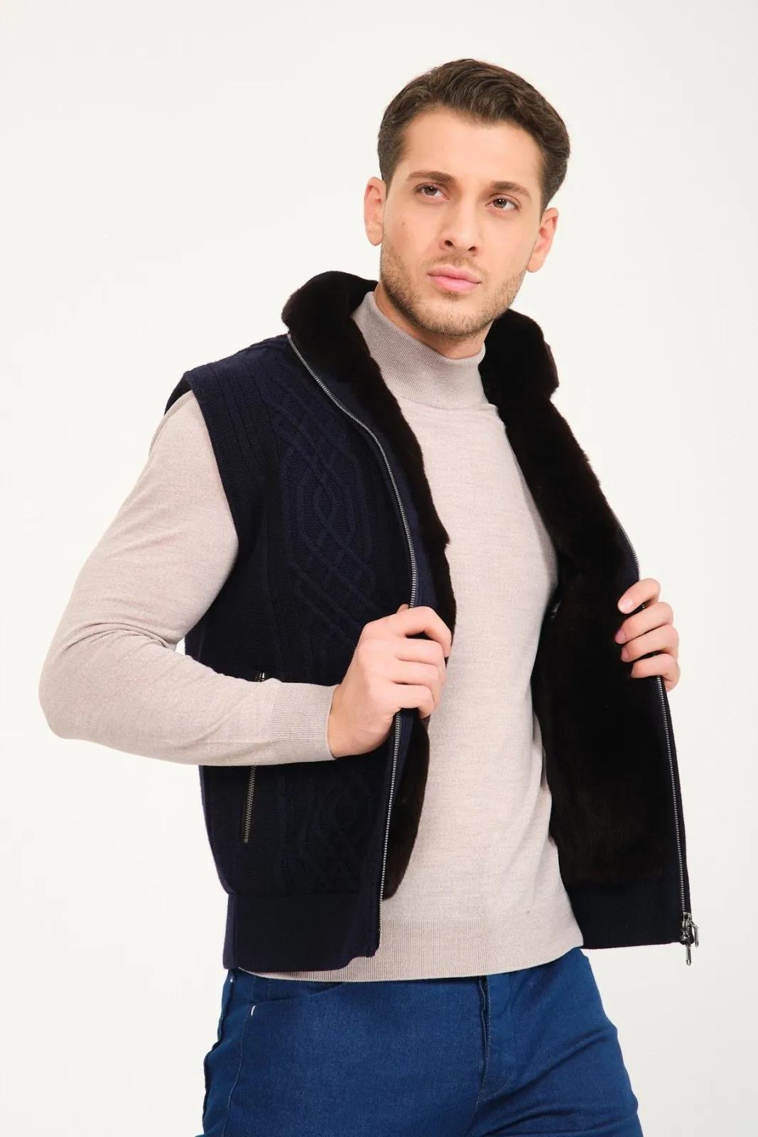 Dark Blue Wool & Rex Fur Knit Vest