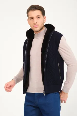 Dark Blue Wool & Rex Fur Knit Vest