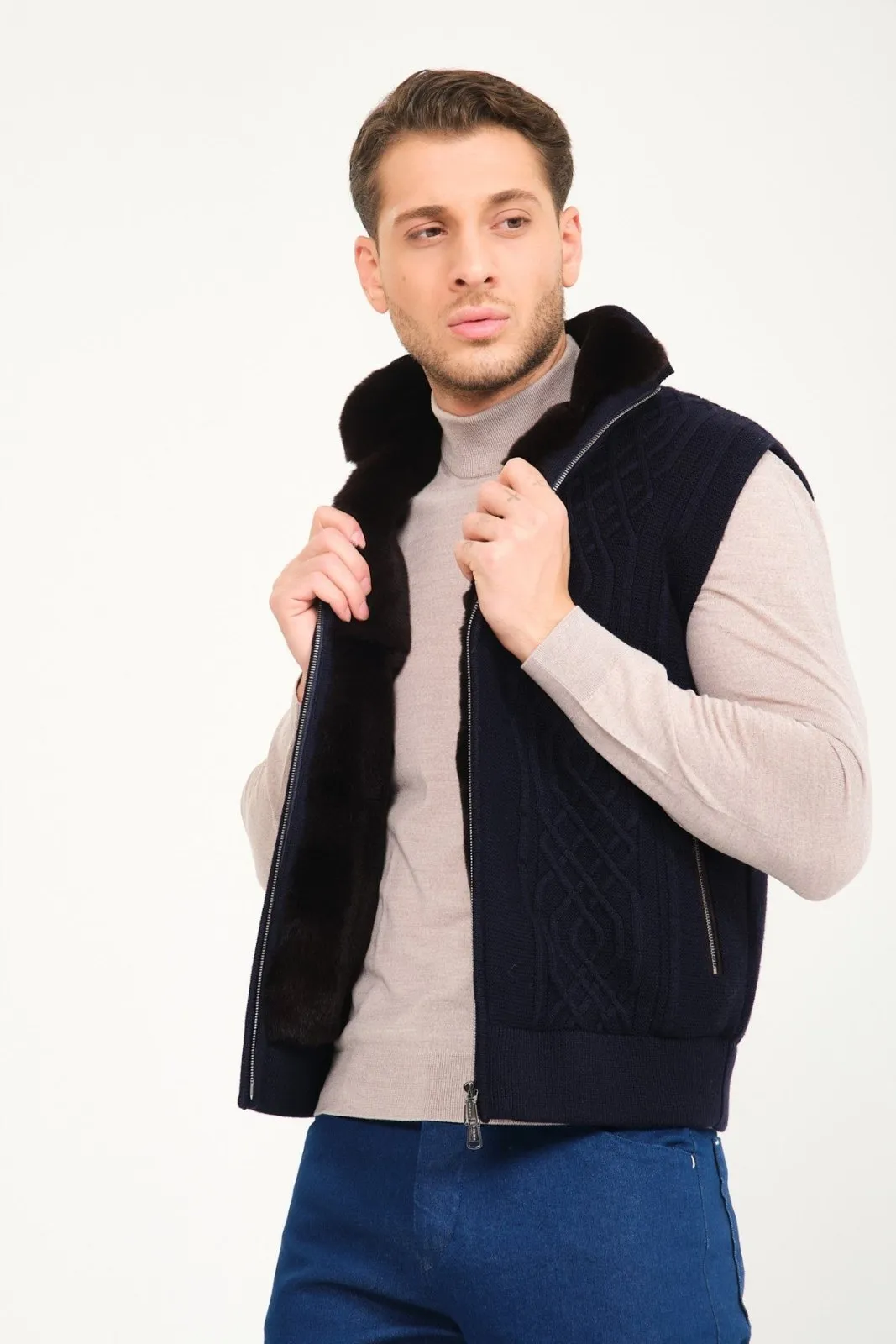 Dark Blue Wool & Rex Fur Knit Vest