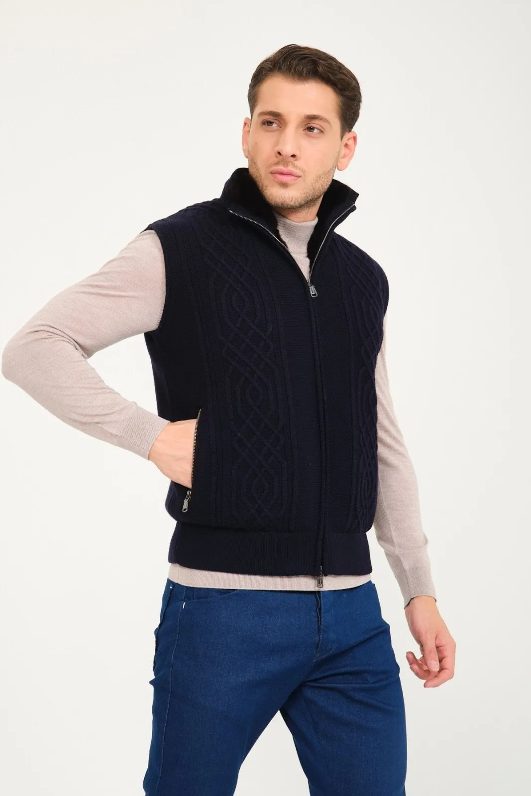 Dark Blue Wool & Rex Fur Knit Vest