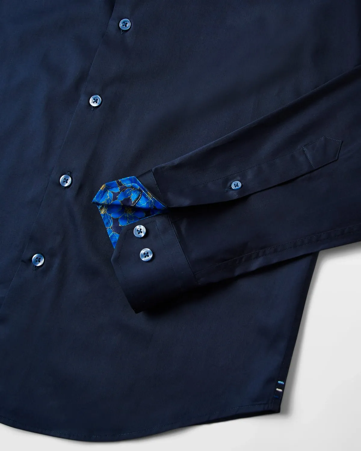 Navy Sateen Shirt with Flowers Under Moonlight Accents