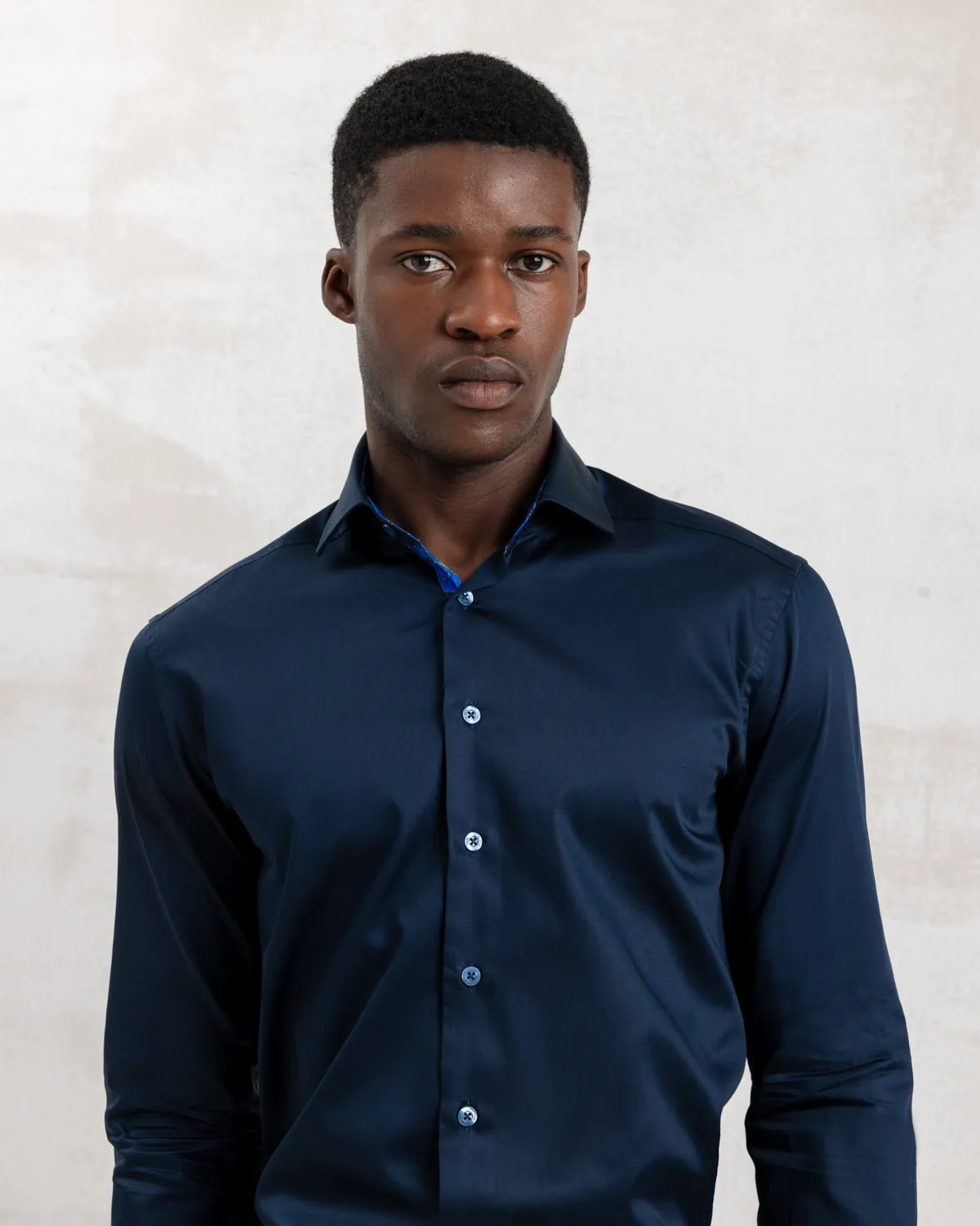 Navy Sateen Shirt with Flowers Under Moonlight Accents