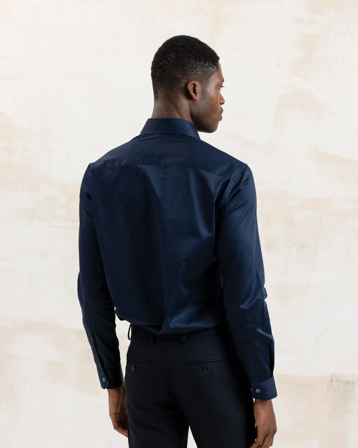 Navy Sateen Shirt with Flowers Under Moonlight Accents
