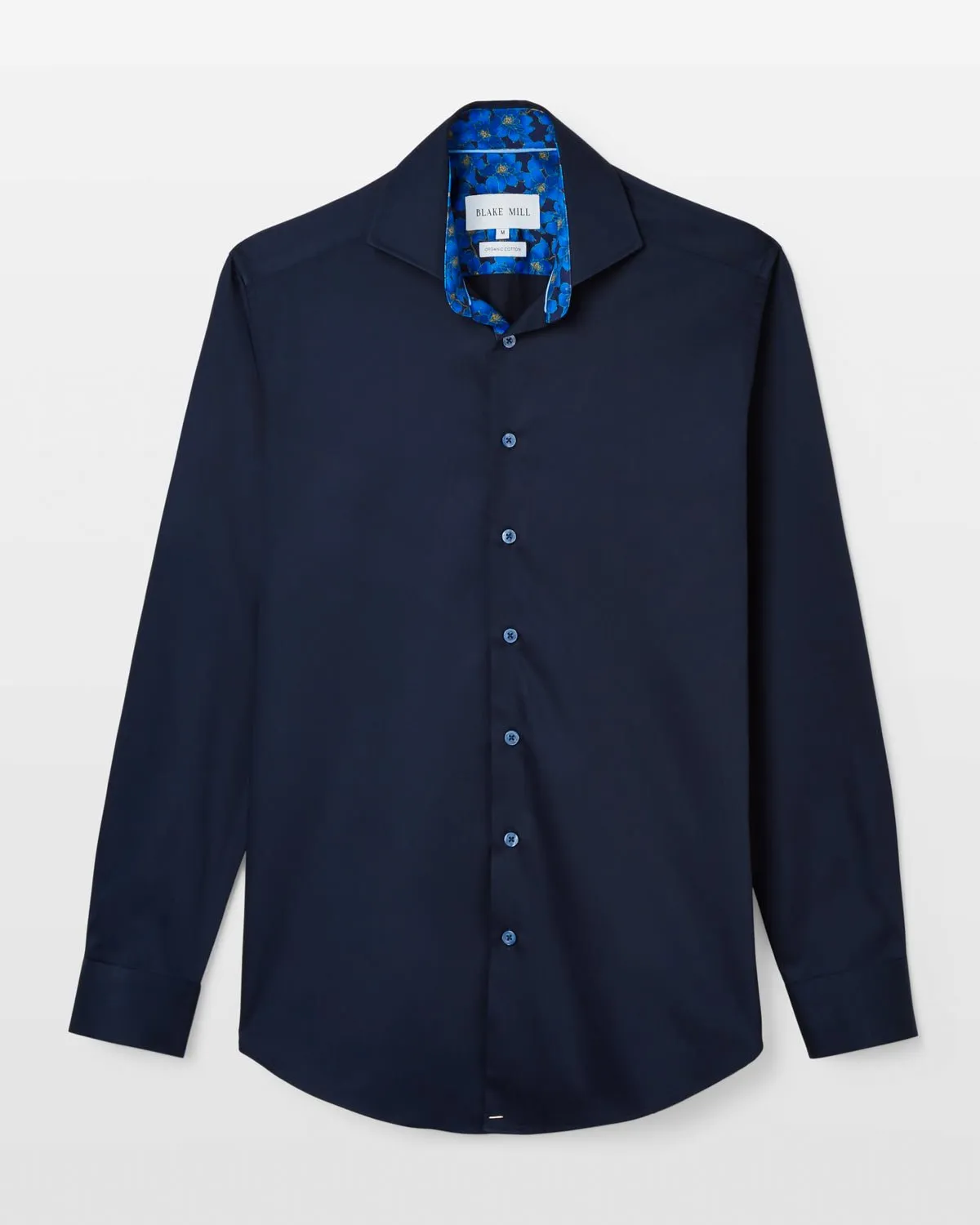 Navy Sateen Shirt with Flowers Under Moonlight Accents