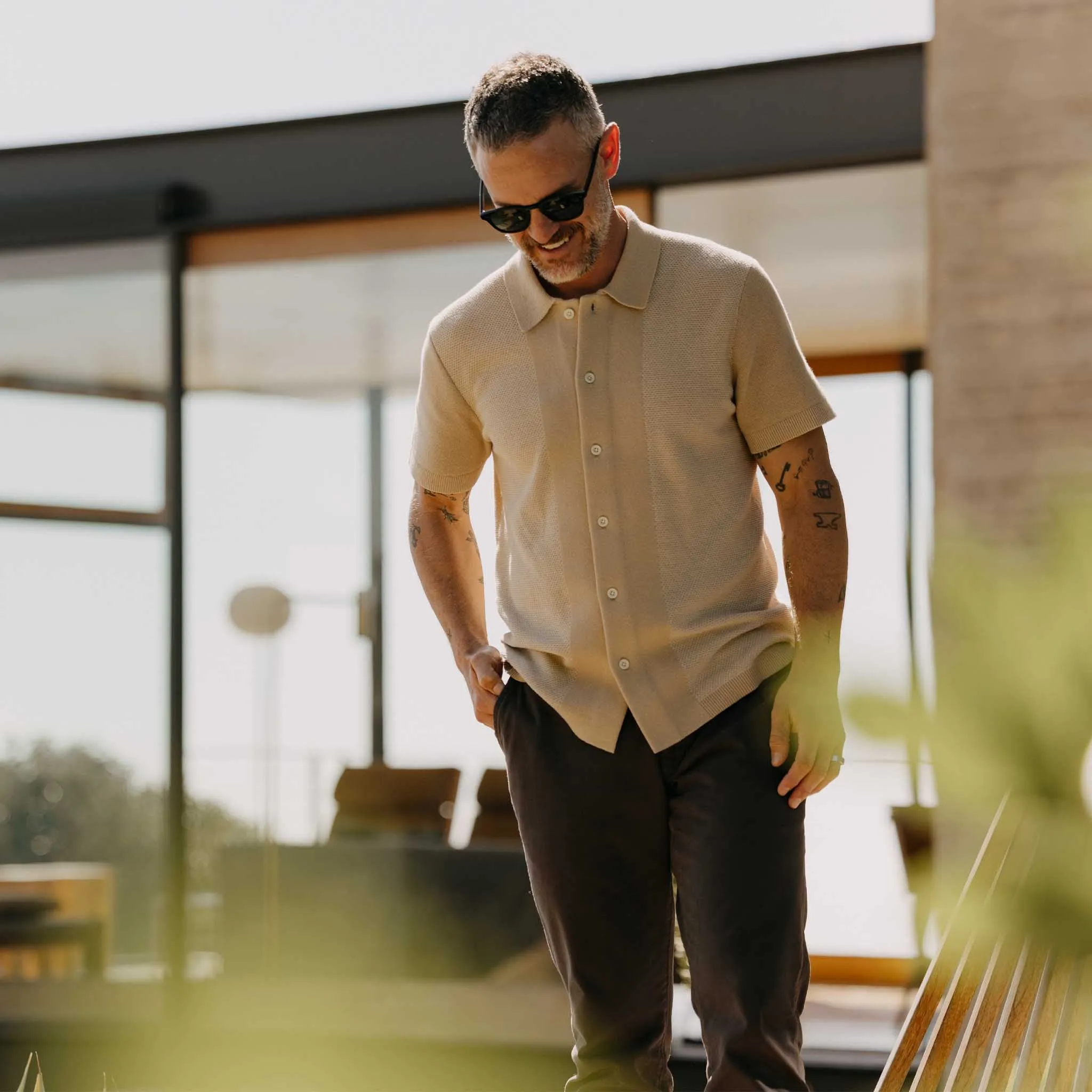 The Button Down Polo in Faded Khaki Seed Stitch